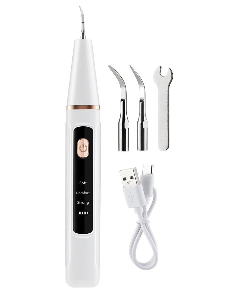 Limpiador dental ultrasónico Nácar con sus dos puntas, llave y cable USB-C